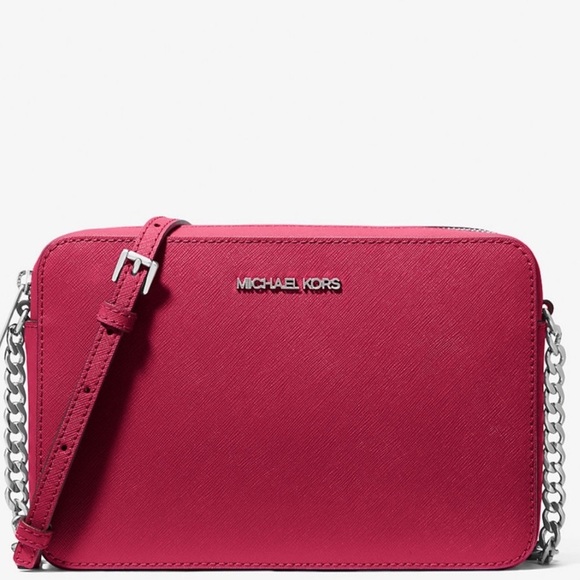 Michael Kors Jet Set Large Saffiano Leather Crossbody Bag Dark Raspberry - Picture 1 of 11